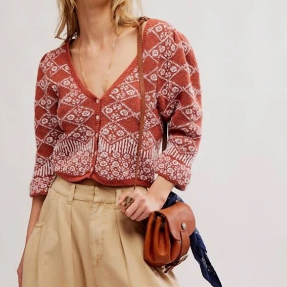 Free People Sweaters - NWT New Free People Geo Floral Cropped Cardigan in Terracotta Large